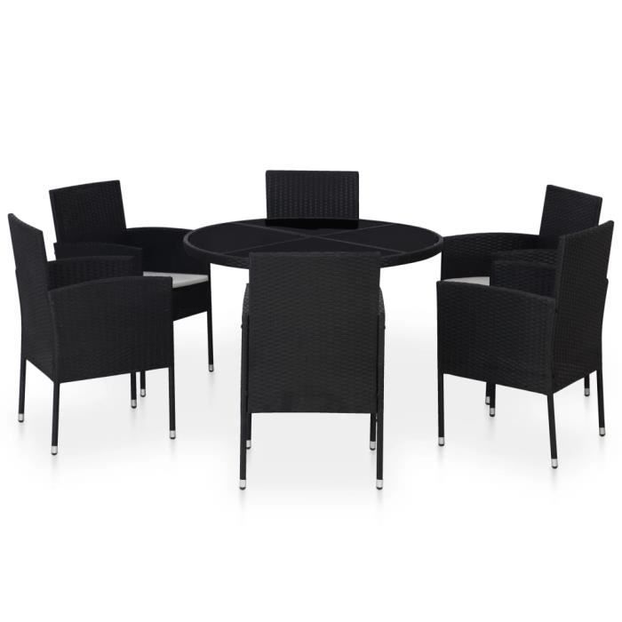 Luxueux Magnifique Moderne-Mobilier à dîner-Salon jardin 7 pcs avec coussins Résine tressée Noir