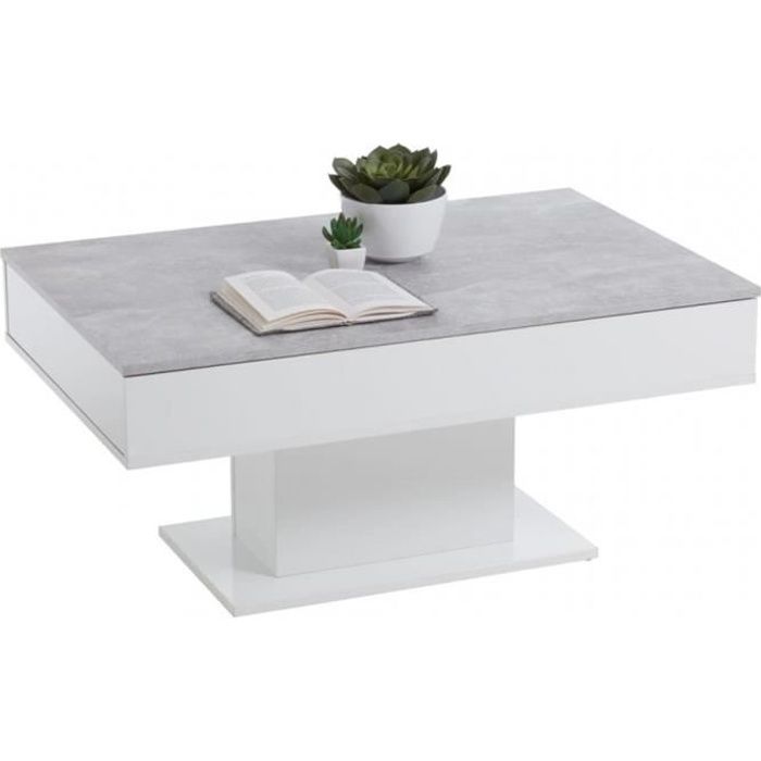Table basse avec rangements coloris gris béton LA-blanc brillant - L.100 x H.46 x P.65 cm