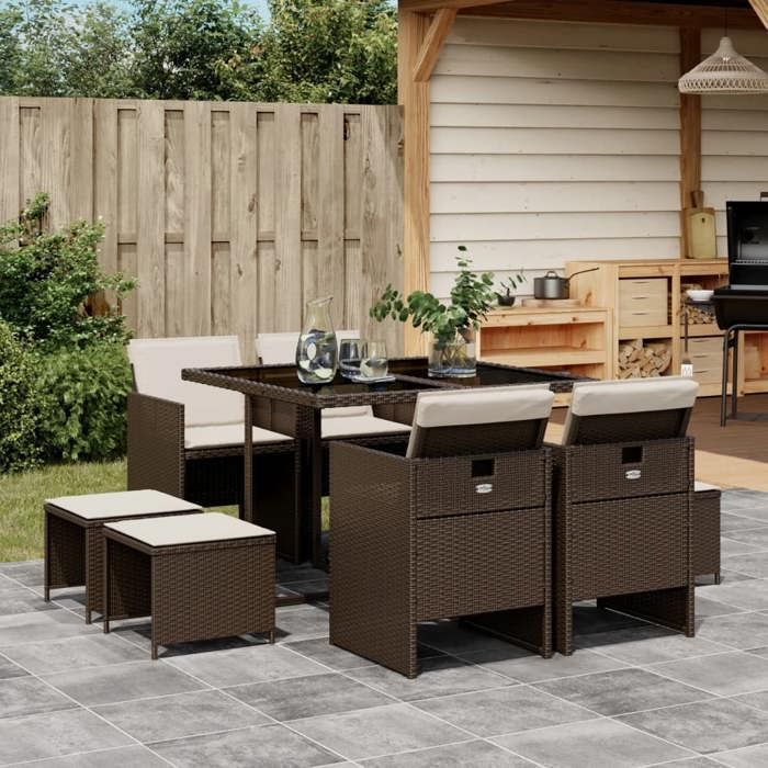 vidaXL Ensemble à Manger de Jardin avec Coussins 9 pcs Table et Chaise de Terrasse Meubles de Patio Mobilier dExtérieur