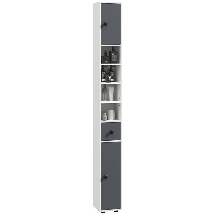 Meuble de salle de bain - kleankin - 4 étagères réglables 1 tiroir et 2 placards - 20x20x180cm - gris