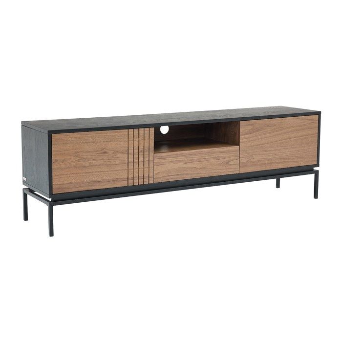 Meuble TV avec 2 portes 1 tiroir et 1 niche placage noyer et métal - Naturel foncé et Noir - ZINORI Meuble TV avec 2 portes 1 tiroir et 1 niche placage noyer et métal - Naturel foncé et Noir - ZINORI