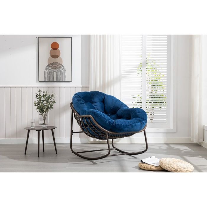 Fauteuil De Jardin à bascule rotin extérieur inclinable avec coussin rembourré bleu marine pour porche salon terrasse jardin Fauteuil De Jardin à bascule rotin extérieur inclinable avec coussin rembourré bleu marine pour porche salon terrasse jardin