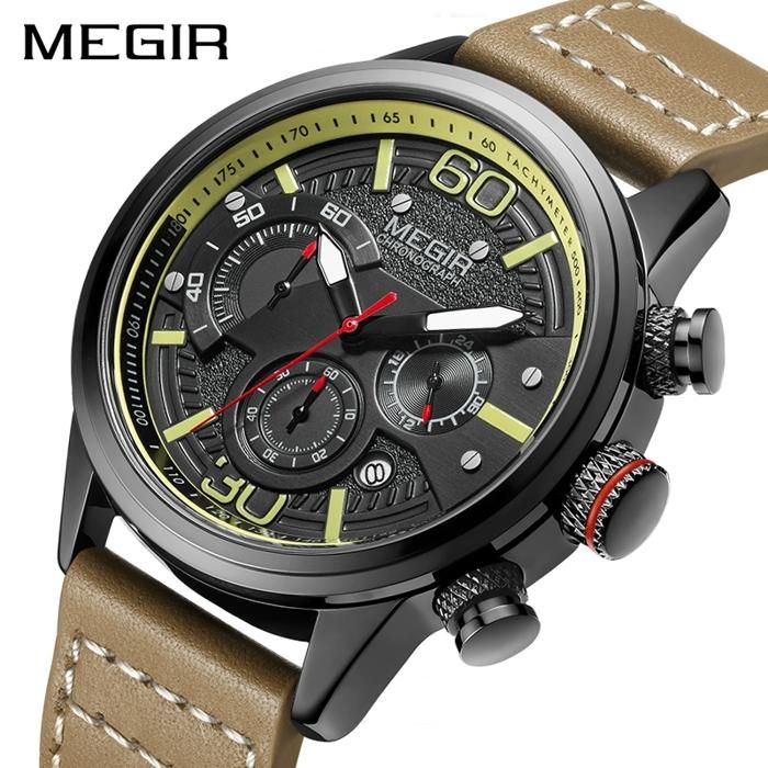 Megir - Montres de sport de luxe pour hommes - Bracelet en cuir Montre-bracelet à quartz Lumineuse Étanche Calendrier Homme Horloge
