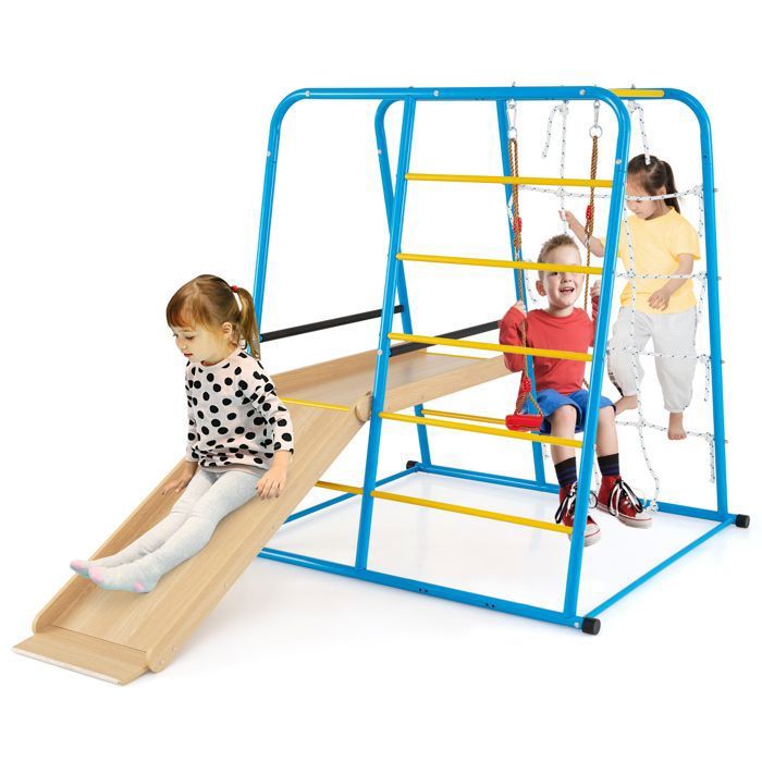 DREAMADE Structure D'escalade 8-en-1 Pour Enfants : Toboggan, Balançoire, Mur D'escalade, Filet, échelle De Corde, Plateforme Et Barre – Jeu Intérieur Multicolore