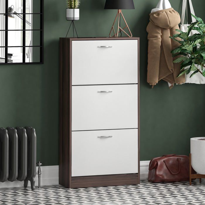 Meuble à chaussures 3 tiroirs – Armoire de rangement pour chaussures meuble d’entrée ou de couloir Noyer et blanc