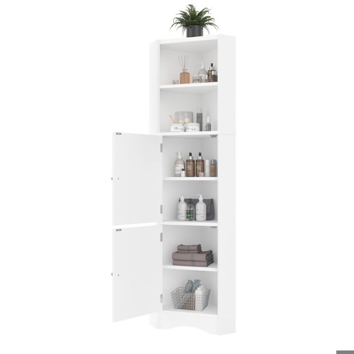 ARMOIRE DE SALLE DE BAIN triangulaire dangle-Meuble Colonne haute de Rangement Blanc-51.7 x 32 x 155.4cm6 Étagère