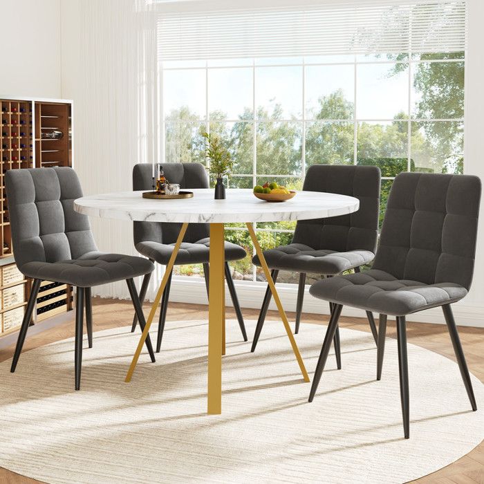 Ensemble de salle à manger (5 pièces) table ronde 80x80x75cm avec 4 chaises grises chaises en velours avec table en marbre blanc