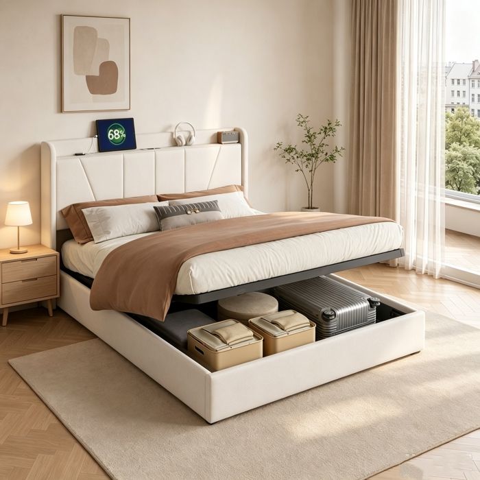 Lit coffre 140 x 200 cm lit 140x200 avec sommier lit adulte avec port USB cadre de lit avec tete de lit Beige matière lin