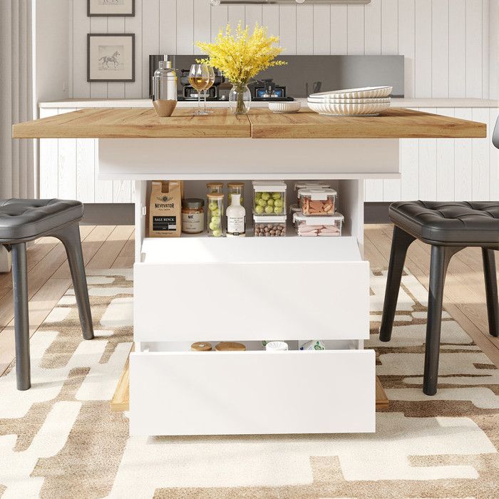 Table à manger extensible avec 3 niveaux de rangement pour 4-6 personnes couleur bois+blanc 110-140x80x75cm