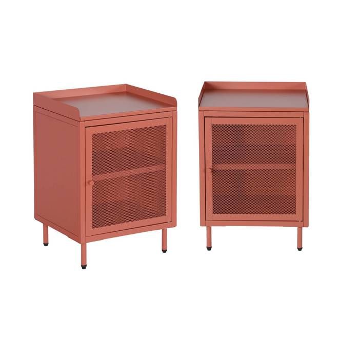 Lot de 2 tables de chevet industrielles métal terracotta 1 porte grillagée. 40 x 37 x 58.5 cm - Ohio