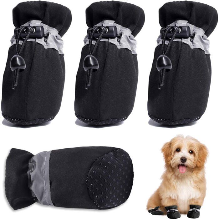 Meilleurs prix pour Chaussures pour chien 4 pièces bottes protection pattes sangles réfléchissantes antidérapants petite moyenne taille noir