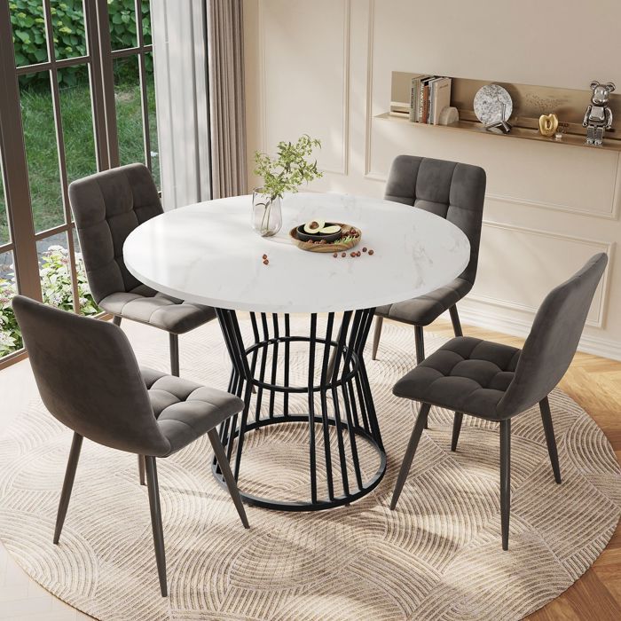 Table à Manger 1 pièce cadre métal stable effet marbre moderne blanc pied en métal noir