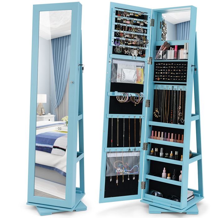 Armoire à Bijoux Pivotante - RELAX4LIFE - 3 Étagères Arrières - Doublure Anti-Rayures - Miroir sur Pied - Verrouillable - Bleu