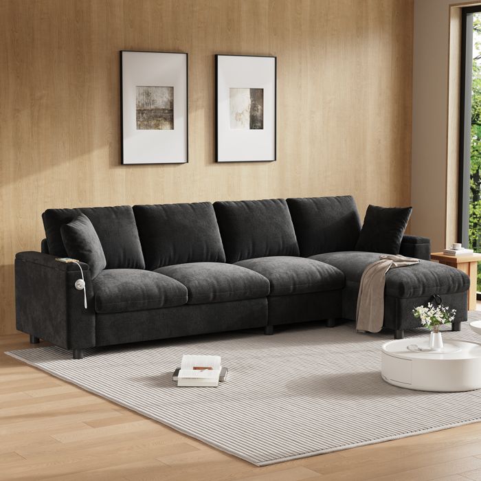 Canapé dangle en chenille - Coin en forme de L - Table basse dépliable - Rangement dans accoudoirs