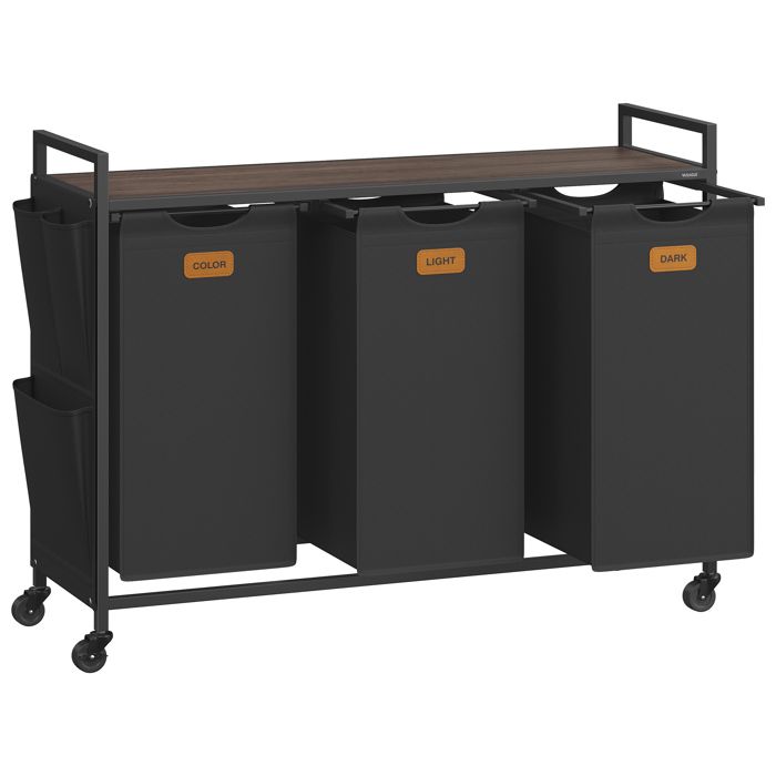 Panier à linge sur roulettes - VASAGLE - 3 compartiments - 150 L - Étagère de rangement - Roues avec freins