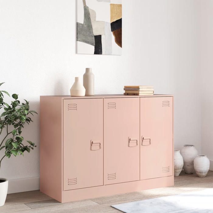 Buffet en acier - vidaXL - Rose - 99x39x73 cm - 6 compartiments - 3 portes - 3 poignées en métal - Capacité 90 kg