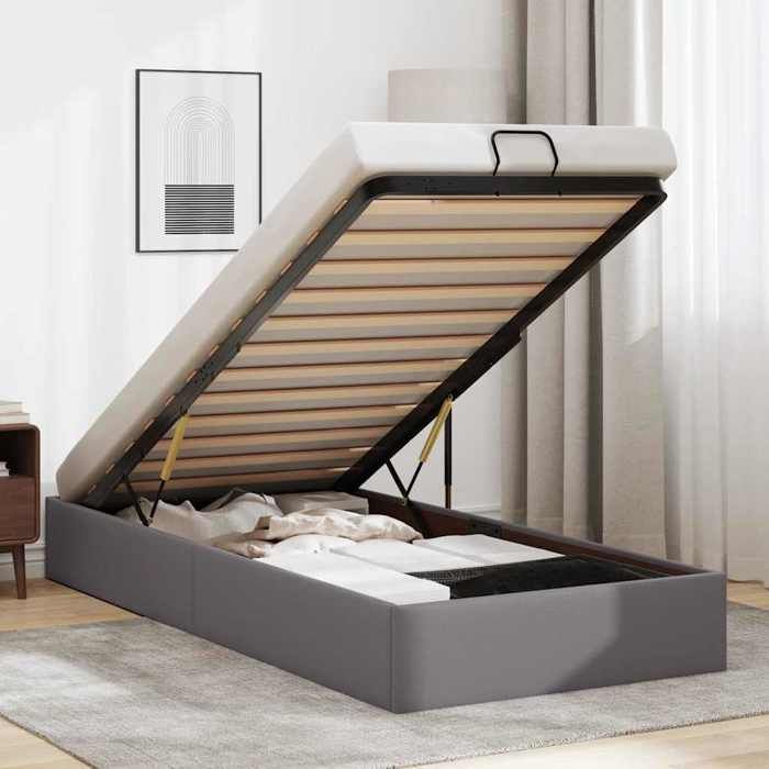 Structure de lit ottoman - UU - Similicuir - Gris - 90x190 cm - Rangement sous le lit - Mécanisme de levage hydraulique