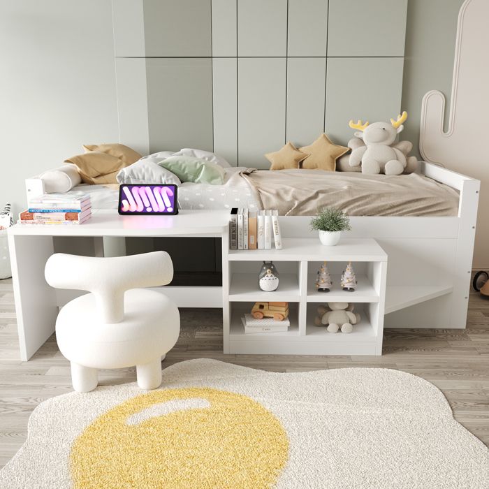Structure de Lit Enfant avec Bureau et Rangement - Lit Combiné en Bois Blanc avec Étagères - Cadre Robuste - 90x200cm