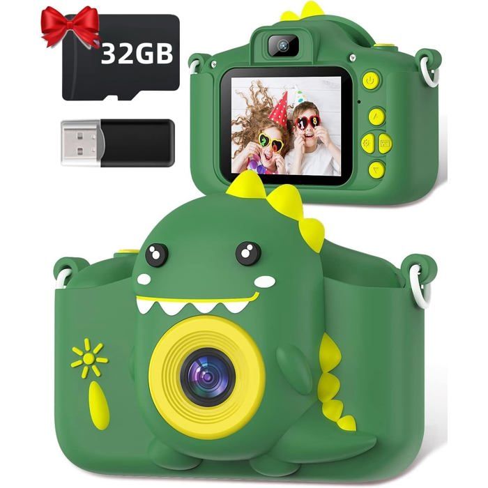 Appareil Photo Enfant Dinosaure 2.0 Pouces – 20MP/1080P Avec Selfie, 32Go SD, Jeux, Pour 3-12 Ans