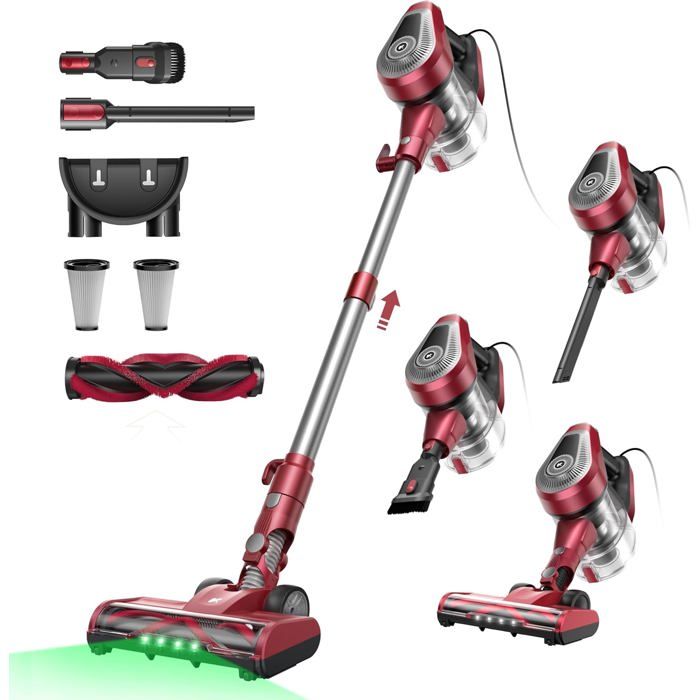 Aspirateur balai filaire puissant - SUTEO - C8 - 600W - 60 Kpa - 15L - Rouge - Filtre HEPA - Brosse anti emmêlement - Suteo