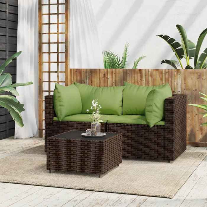 Salon de jardin en résine tressée - vidaXL - 3 pièces - Coussins marron - Résine tressée - Cadre en acier