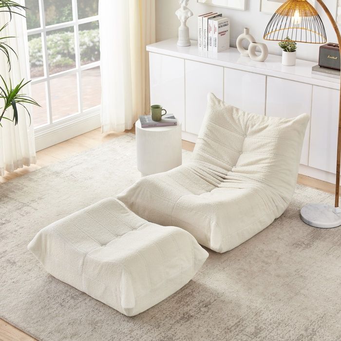 Fauteuil Relax Lazy Sofa Beige en Tissu Peluche Teddy avec Repose-pieds Ultra Confortable sans Montage pour Salon/Chambre