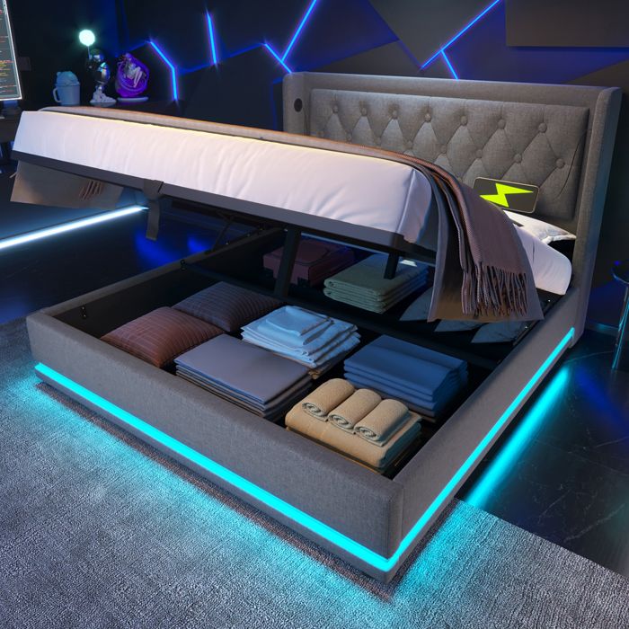 Lit - KOMHTOM - 140 x 200 cm - Matelas inclus - Rangement hydraulique - LED intégrée