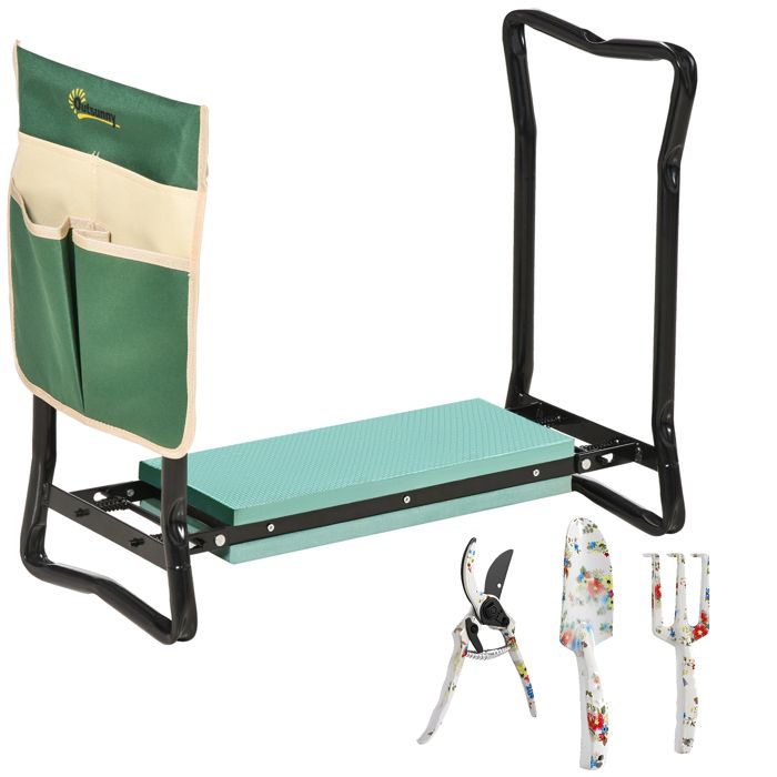 Tabouret de jardin avec outils - Outsunny - coussin sécateur truelle râteau à main - acier - 58x28x49cm - vert
