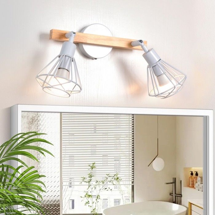 Applique Murale - SMOTOP - 2 Lampes E14 - Bois et métal blanc - Style Vintage/Scandinave