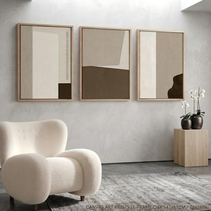 Triptyque tableau toile abstrait beige et brun art mural minimaliste contemporain avec cadre flottant