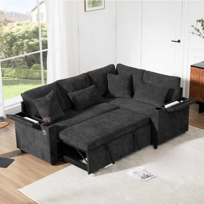 Canapé d’angle convertible 4 places gris foncé 206 5 x 141 x 86 cm avec rangement USB et chaise droite