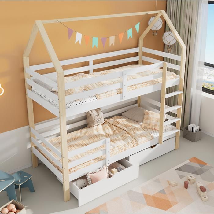Lit cabane enfant 90×200 cm avec barrières et rangement - YEAVIO - sans matelas bois massif - blanc et chêne