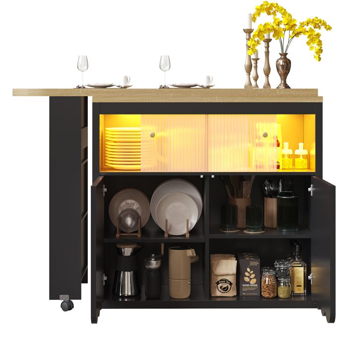 VLIVRA Meuble bar avec plateau extensible LED rangement et roulettes - pour cuisine et salon - en MDF et verre - noir