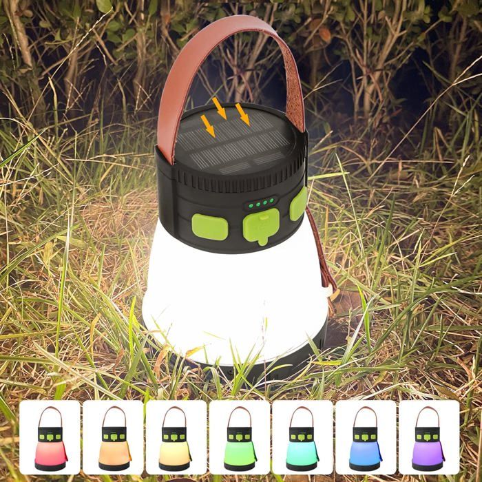 Lampe solaire de camping 7800 mAh lanterne LED 1500 lumens avec 8 modes RGB et torche