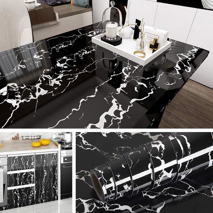 Papier Adhésif pour Meuble Marbre Noir et Blanc en Vinyle Stickers Meubles Cuisine Salle de Bain Papier Peint Autocollant 40CM*2M