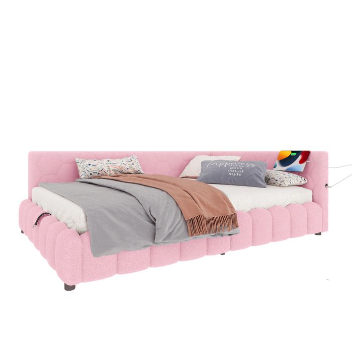 VLIVRA Lit Banquette Lit Double Coffre USB USB-C et LED Réglable 140×200 cm sans Matelas en Velours Rose