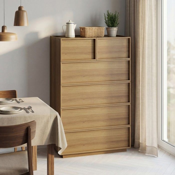 Commode 6 tiroirs en bois couleur chêne armoire de rangement multifonction pour salon chambre couloir 80x48x127cm