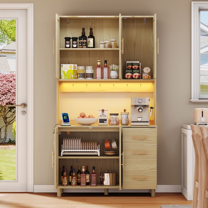 Buffet vaisselier - 100 x 40 x 183 cm - Barre LED multicolore pilotable - 2 prises + USB - 3 tiroirs étagères réglables
