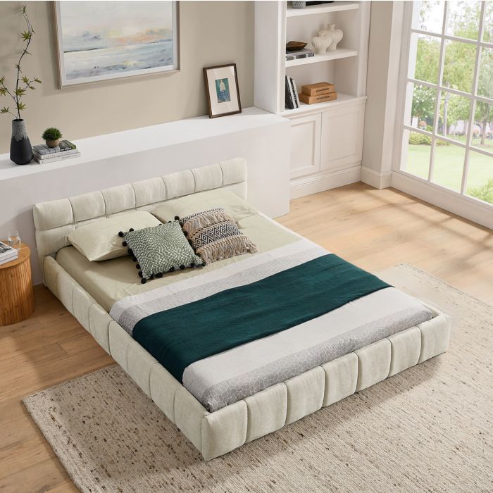 Cadre de lit double 140 x 200 cm beige en chenille structure en eucalyptus et fer motifs carres sans matelas