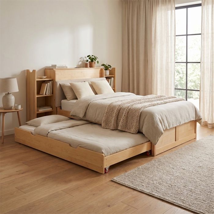 Lit Gigogne 90x200cm - 246x965x915cm - Lit Combiné et Bureau avec Rangement Prise EU et Ports USB - Bois Naturel