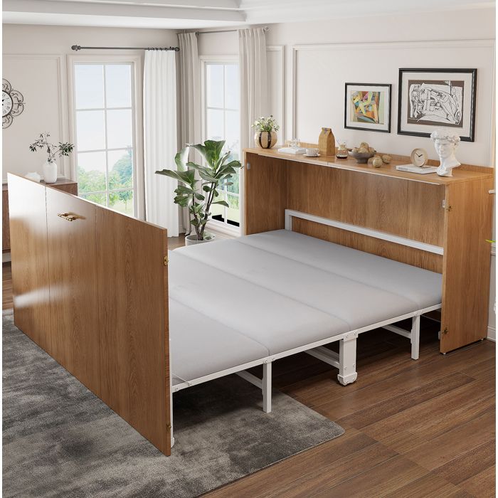 ROVRYN Lit escamotable 140 x 200 cm avec matelas en lin inclus structure métal coloris bois