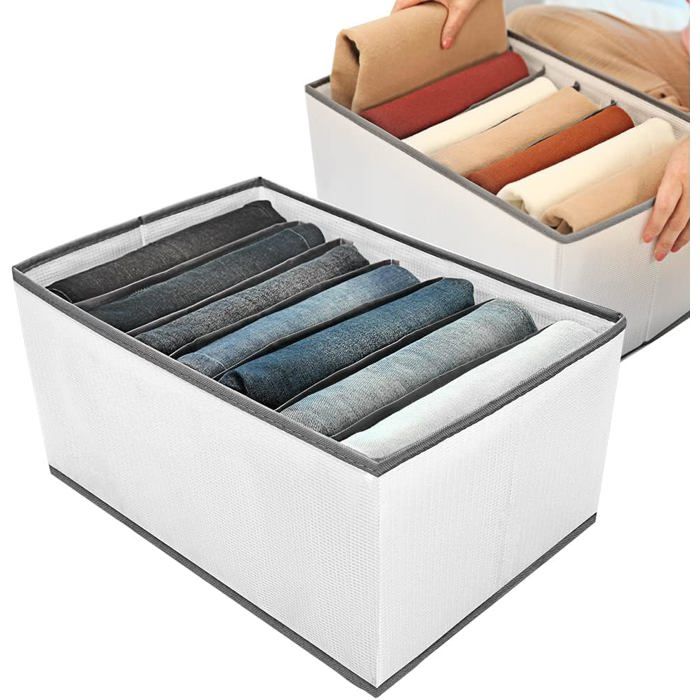 Boîte de rangement vêtements - 7 compartiments - 42x27x20 cm - Maille PVC + panneau PP - Pliable et empilable