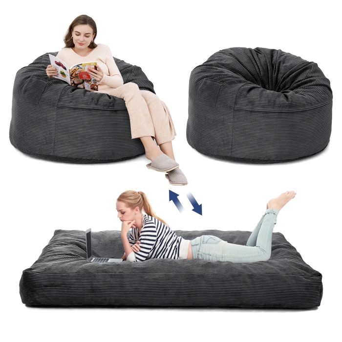Fauteuil Gonflable XXL Convertible en Lit 190x135 cm Housse Lavable Mousse Haute Densité Pochette Intégrée Gris Foncé