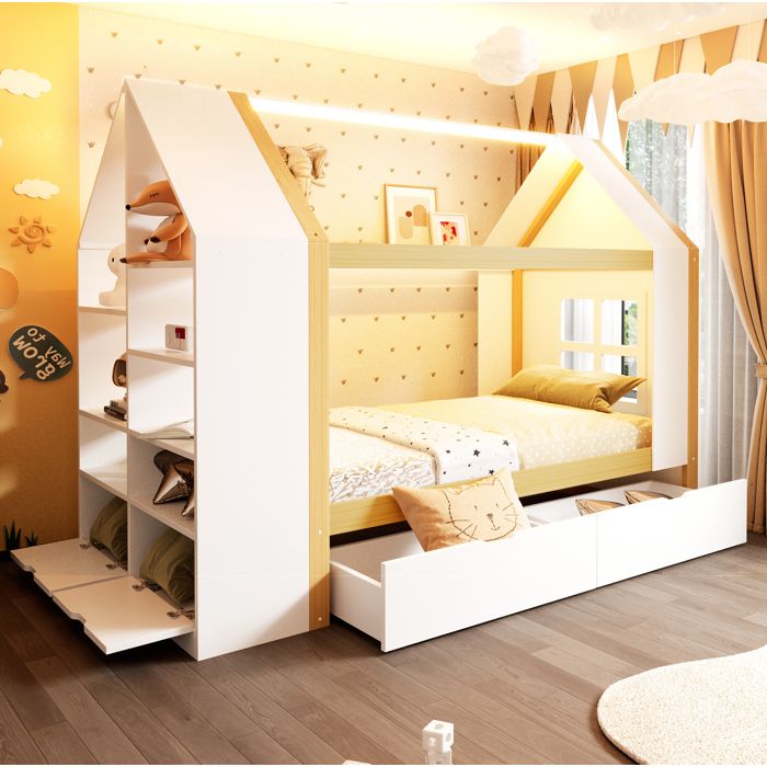 Lit Enfant avec 2 Tiroirs Rangement et LED - TCQPZ - Bois Massif et MDF - Blanc et Bois Naturel