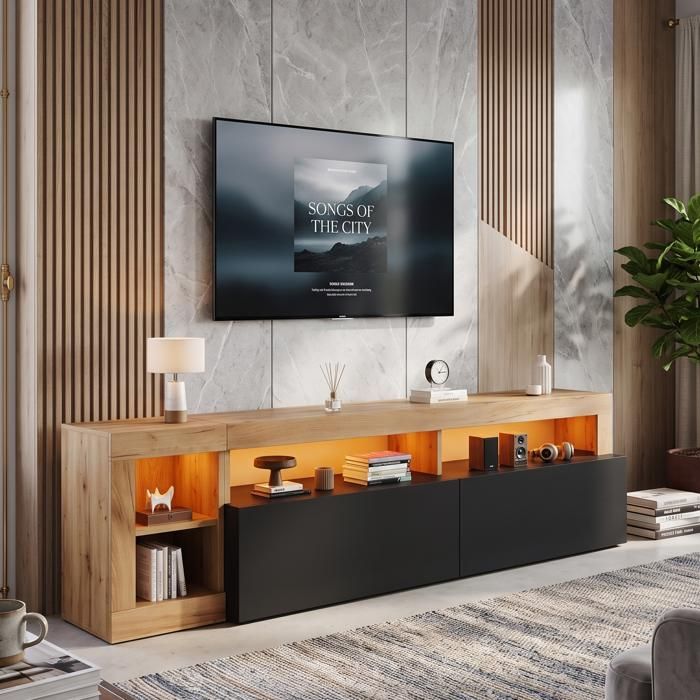 Meuble TV 184cm Grand Rangement pour Écran jusquà 80  Enfilade LED Multicolore Connectée  Style Industriel