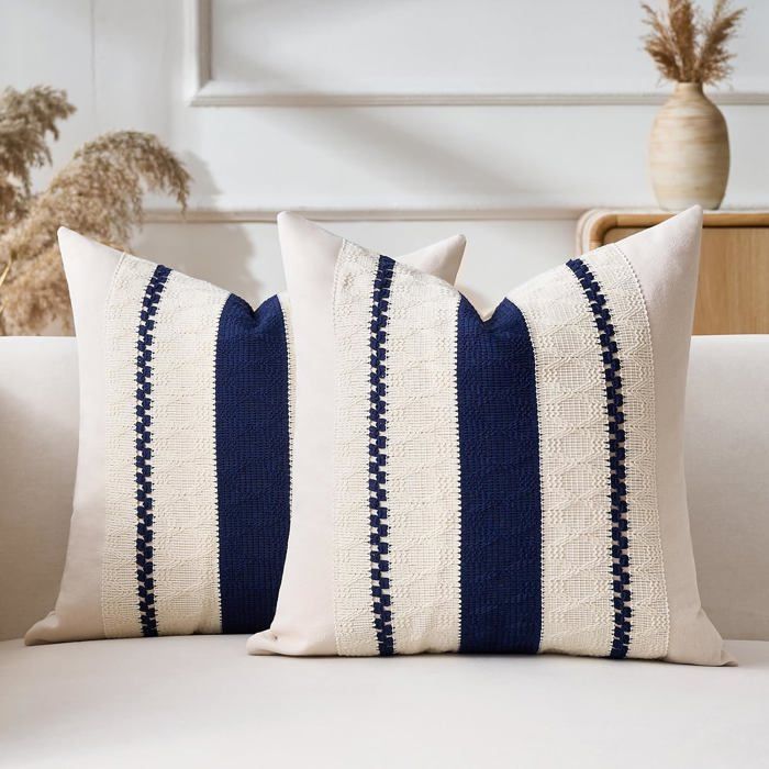 Housses de coussin en coton lin bleu 40x40 cm - lot de 2 - fermeture éclair invisible - canapé salon