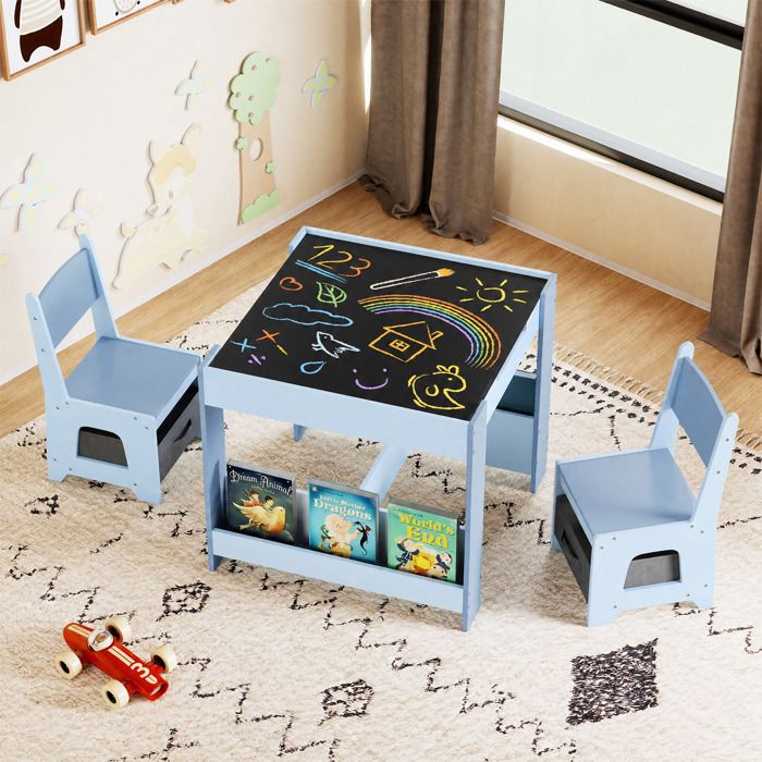 Table Enfant 4 en 1 -COSTWAY-avec 2 Chaises en Bois Plateau Réversible Tableau Noir Rangement Étagères et Tiroirs en Tissu