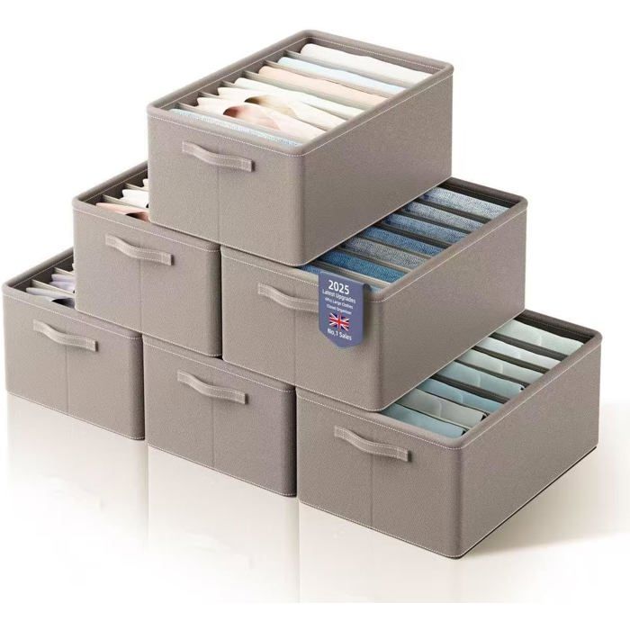 Lot de 6 grands paniers de rangement empilables pour vêtements 7 compartiments pour pulls t-shirts sweats à capuche et robes(Gris)