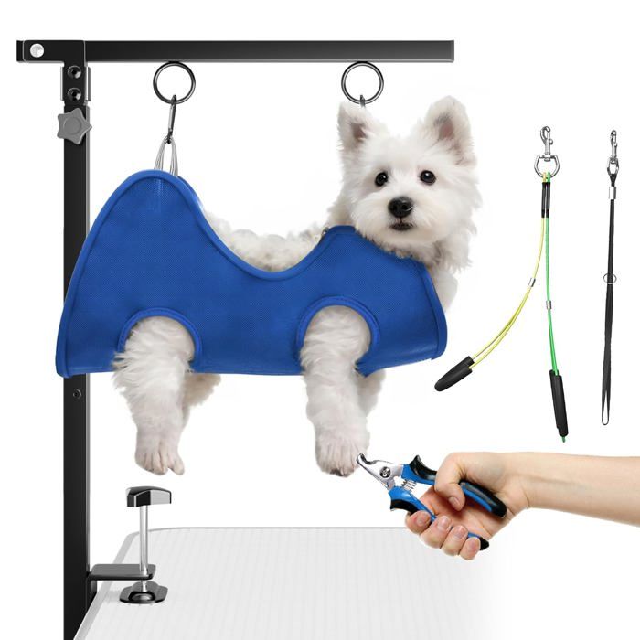 Bras toilettage chien pliable pince – Réglable 66–102 cm hamac et attaches anti-assis support 263 kg petits et moyens chiens