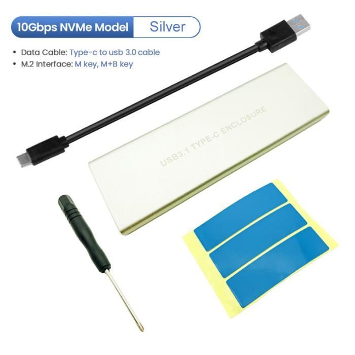 Boîtier SSD NVMe Vers USB 3.1 Aluminium - Compatible M.2 2230/2242/2260/2280, Jusqu'à 4 To, Transfert 10 Gbps